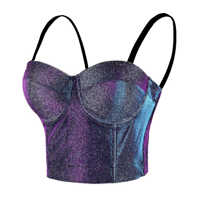 ELLACCI Women's Shiny Bustier Crop Top Sexy Prom Corset Top Bra Gradient Purple Medium - Image 1